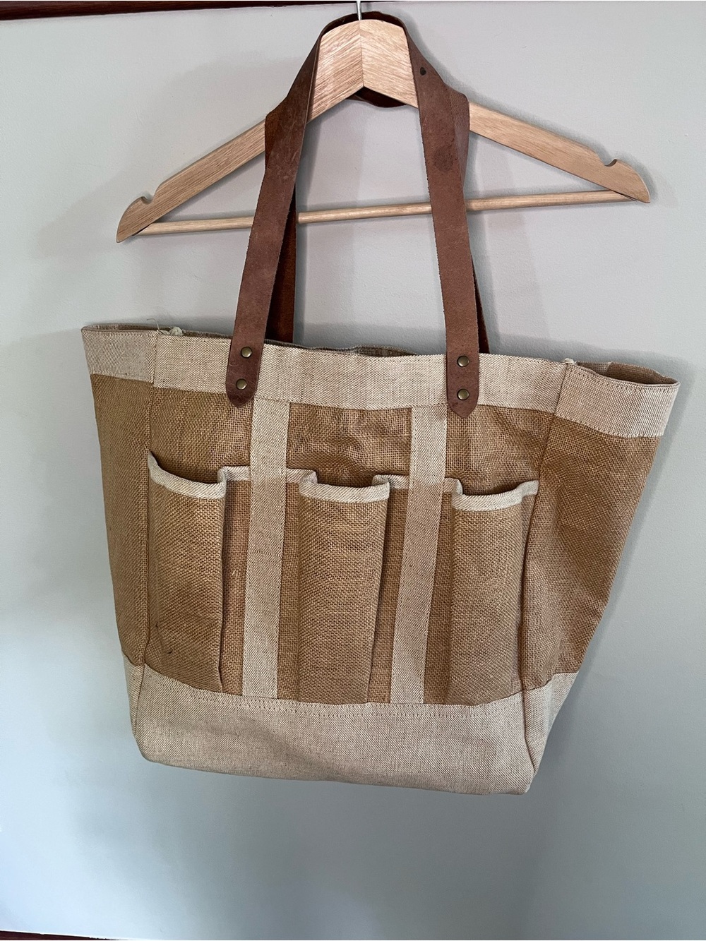 Burlap Canvas Utility‎ Tote Bag Garden Market Tool Carrier Leather Straps Tan